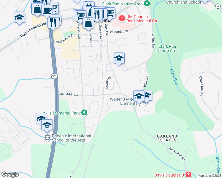 map of restaurants, bars, coffee shops, grocery stores, and more near 1017 Martin Dr in La Plata