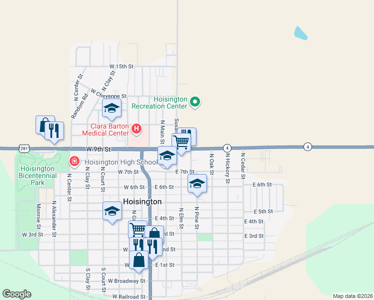 map of restaurants, bars, coffee shops, grocery stores, and more near 299 East 9th Street in Hoisington