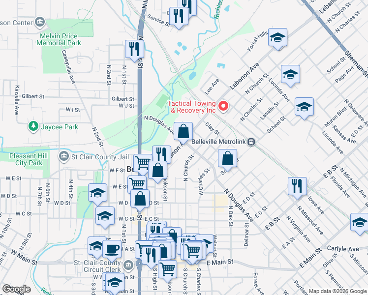 map of restaurants, bars, coffee shops, grocery stores, and more near 258 Lebanon Avenue in Belleville