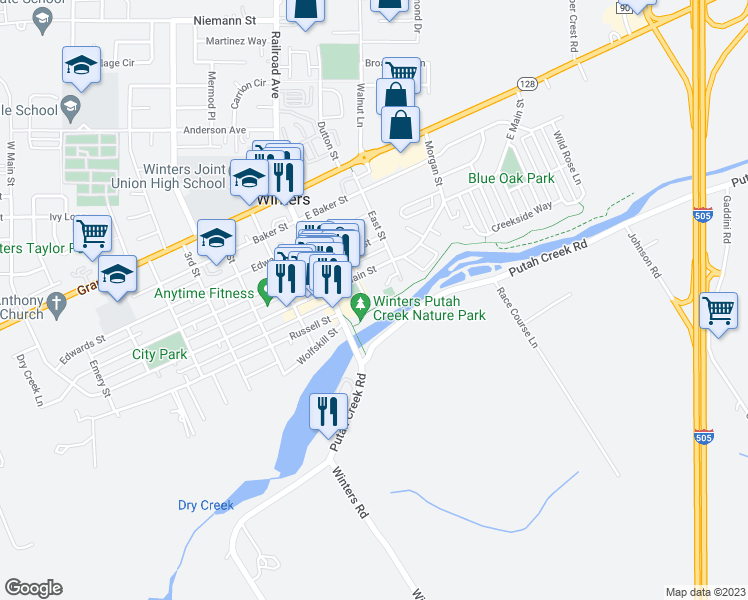 map of restaurants, bars, coffee shops, grocery stores, and more near 101 Elliott Street in Winters