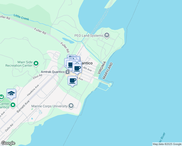 map of restaurants, bars, coffee shops, grocery stores, and more near 218 4th Avenue in Quantico