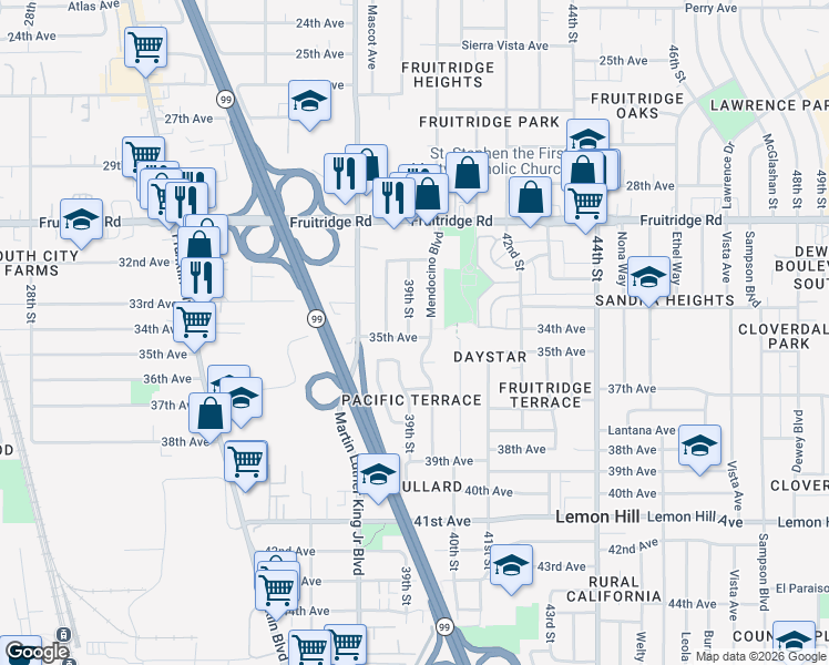 map of restaurants, bars, coffee shops, grocery stores, and more near 5753 39th Street in Sacramento