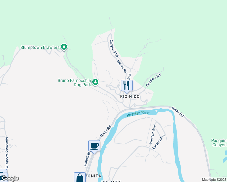 map of restaurants, bars, coffee shops, grocery stores, and more near 14872 Canyon 4 Road in Guerneville