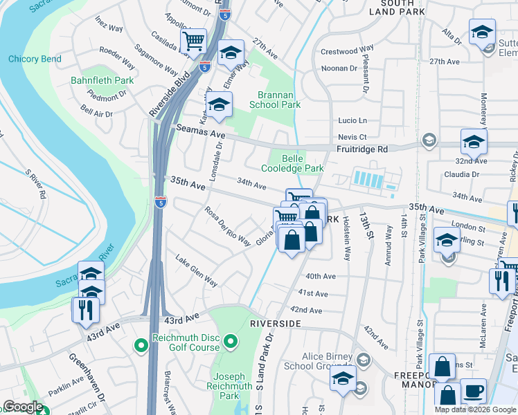 map of restaurants, bars, coffee shops, grocery stores, and more near 1156 35th Avenue in Sacramento