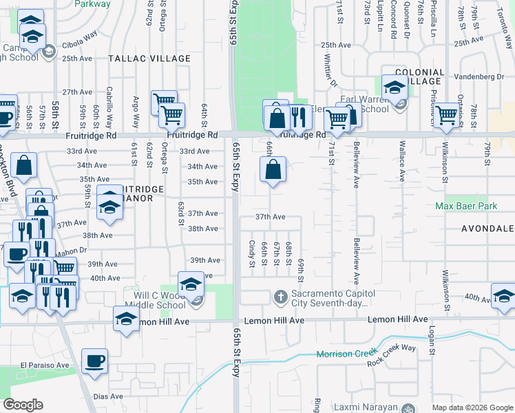 map of restaurants, bars, coffee shops, grocery stores, and more near 6533 37th Avenue in Sacramento