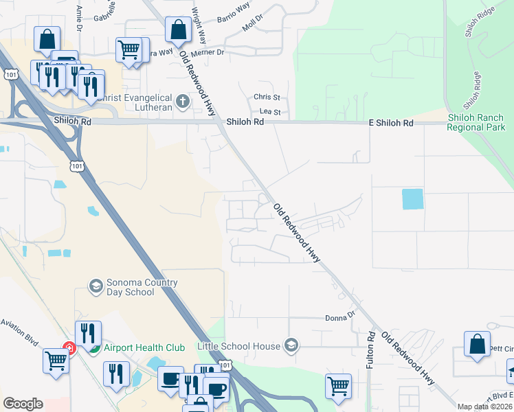 map of restaurants, bars, coffee shops, grocery stores, and more near 5758 Mobile Drive in Santa Rosa