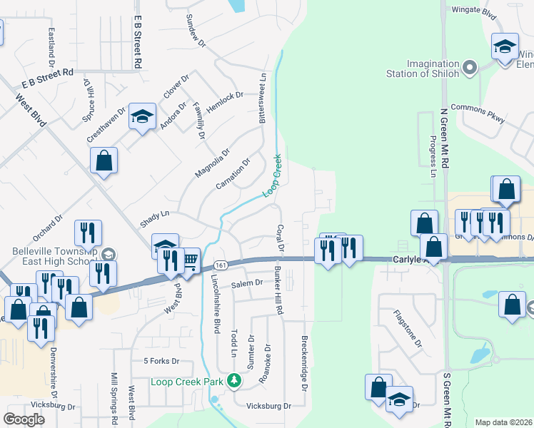 map of restaurants, bars, coffee shops, grocery stores, and more near 30 Coral Drive in Belleville