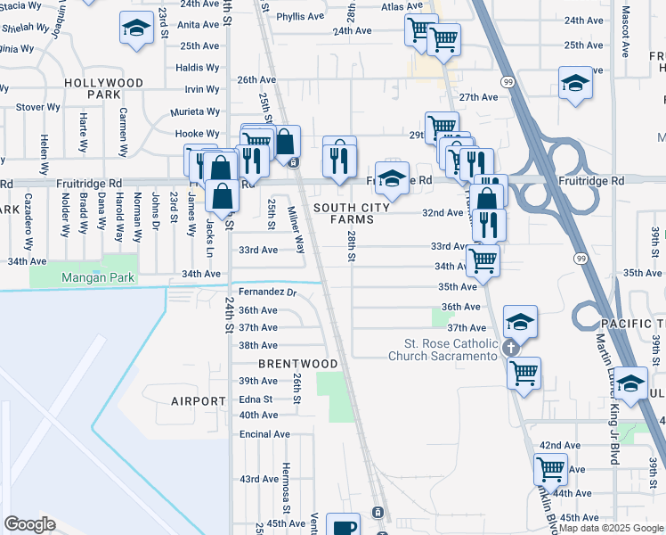 map of restaurants, bars, coffee shops, grocery stores, and more near 2740 34th Ave in Sacramento
