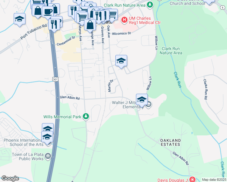 map of restaurants, bars, coffee shops, grocery stores, and more near 1015 Martin Drive in La Plata