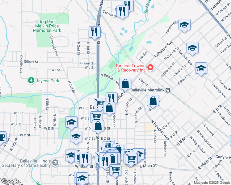 map of restaurants, bars, coffee shops, grocery stores, and more near 241 Lebanon Avenue in Belleville