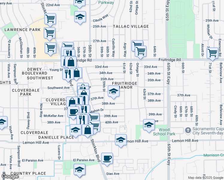 map of restaurants, bars, coffee shops, grocery stores, and more near 6001 36th Avenue in Sacramento