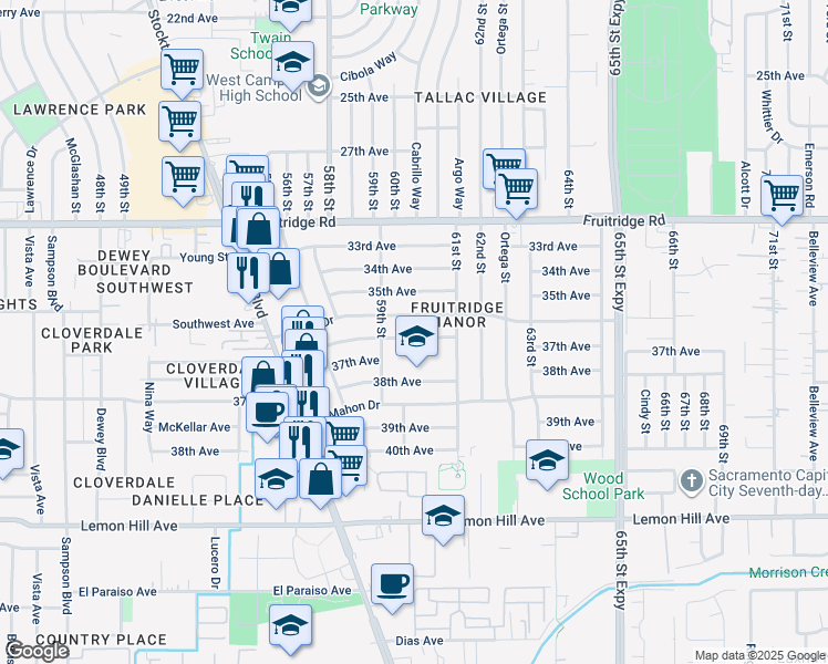 map of restaurants, bars, coffee shops, grocery stores, and more near 6031 36th Avenue in Sacramento