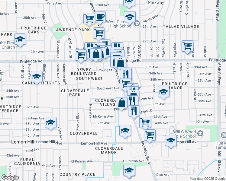 map of restaurants, bars, coffee shops, grocery stores, and more near 5800 Stockton Boulevard in Sacramento