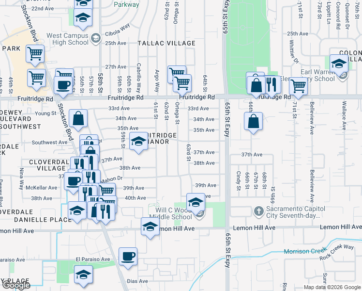 map of restaurants, bars, coffee shops, grocery stores, and more near 5800 63rd Street in Sacramento