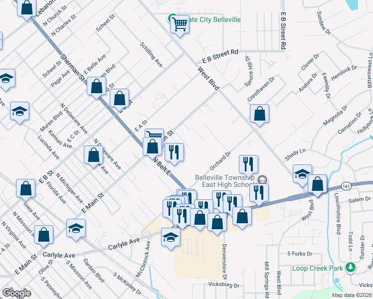 map of restaurants, bars, coffee shops, grocery stores, and more near 2414 East Main Street in Belleville
