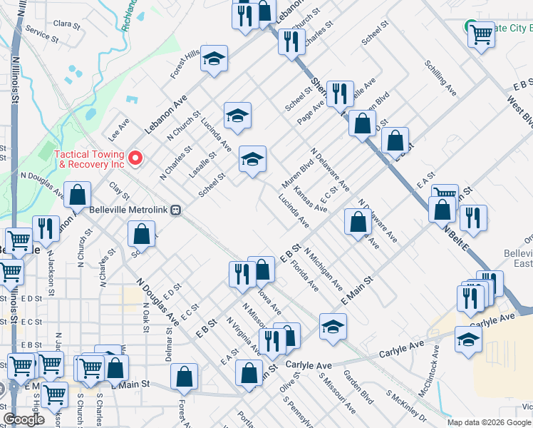 map of restaurants, bars, coffee shops, grocery stores, and more near 307 North Michigan Avenue in Belleville