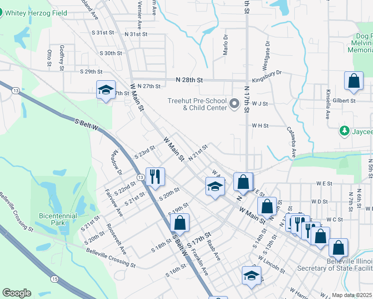 map of restaurants, bars, coffee shops, grocery stores, and more near 2119 West Main Street in Belleville