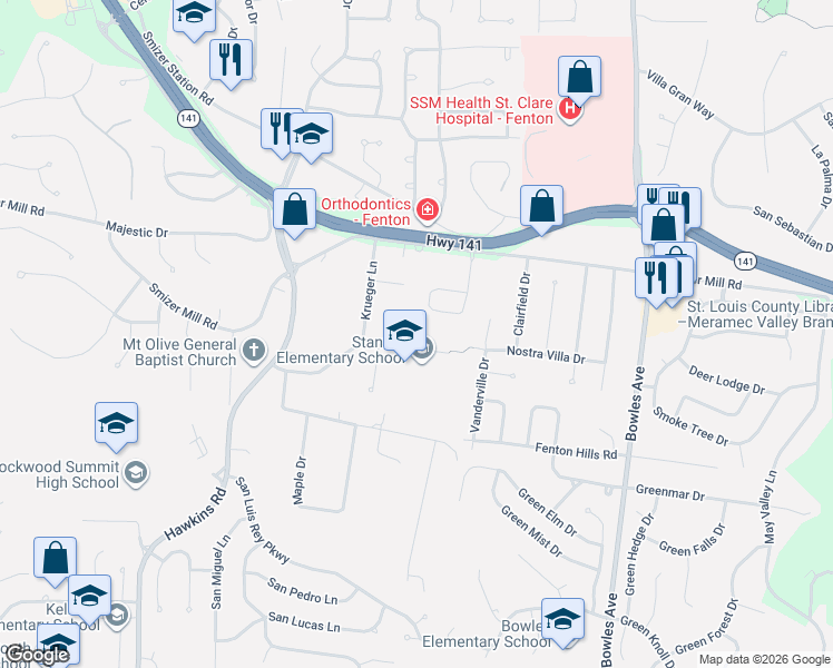 map of restaurants, bars, coffee shops, grocery stores, and more near 1427 Flora Del Drive in Fenton