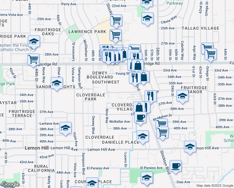 map of restaurants, bars, coffee shops, grocery stores, and more near 5216 Southwest Avenue in Sacramento