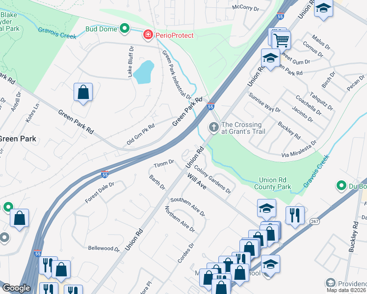 map of restaurants, bars, coffee shops, grocery stores, and more near 4342 Colony Gardens Dr in St Louis