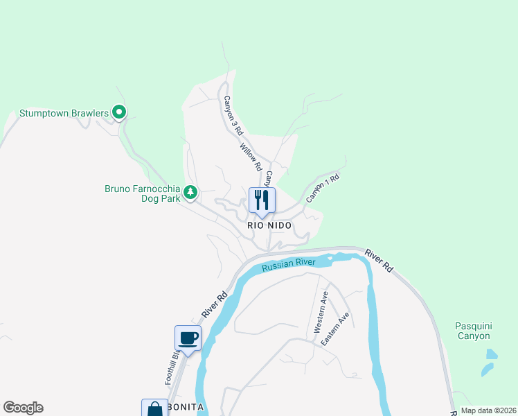 map of restaurants, bars, coffee shops, grocery stores, and more near 14715 Willow Road in Guerneville