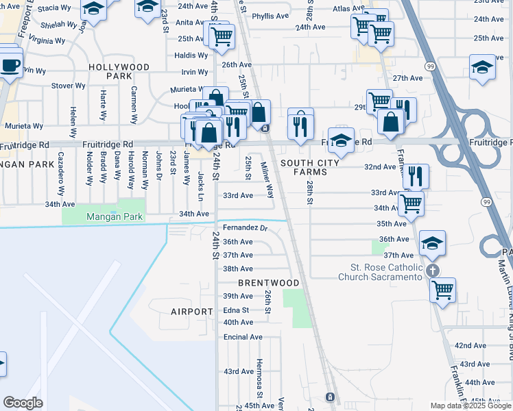 map of restaurants, bars, coffee shops, grocery stores, and more near 2512 34th Avenue in Sacramento
