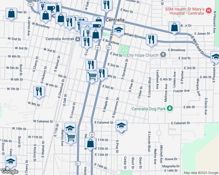 map of restaurants, bars, coffee shops, grocery stores, and more near 500 South Maple Street in Centralia