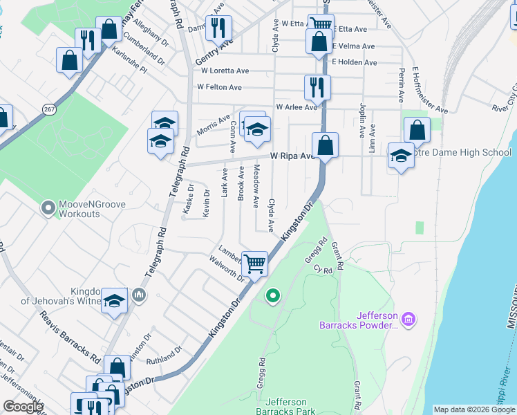 map of restaurants, bars, coffee shops, grocery stores, and more near 9958 Brook Avenue in St. Louis