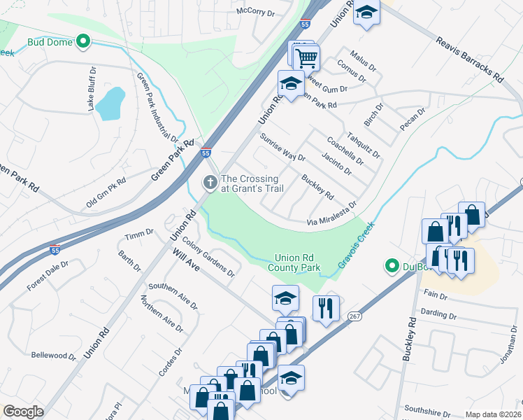 map of restaurants, bars, coffee shops, grocery stores, and more near 3930 Via Miralesta Drive in St. Louis