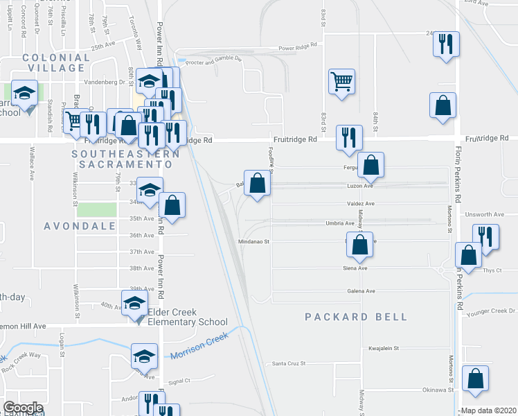 map of restaurants, bars, coffee shops, grocery stores, and more near 5800 Foodlink Street in Sacramento