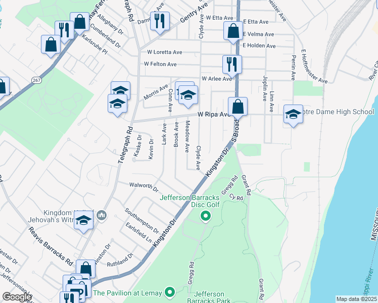 map of restaurants, bars, coffee shops, grocery stores, and more near 9964 Meadow Avenue in St. Louis