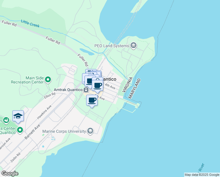 map of restaurants, bars, coffee shops, grocery stores, and more near 258 4th Avenue in Quantico