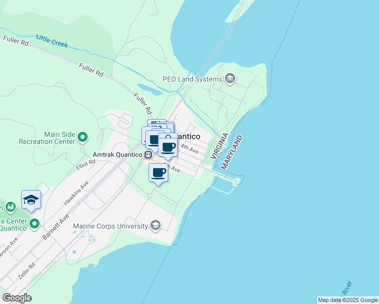 map of restaurants, bars, coffee shops, grocery stores, and more near 258 4th Avenue in Quantico