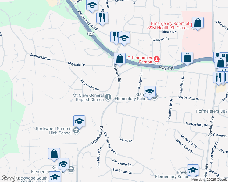 map of restaurants, bars, coffee shops, grocery stores, and more near 1662 Smizer Mill Road in Fenton