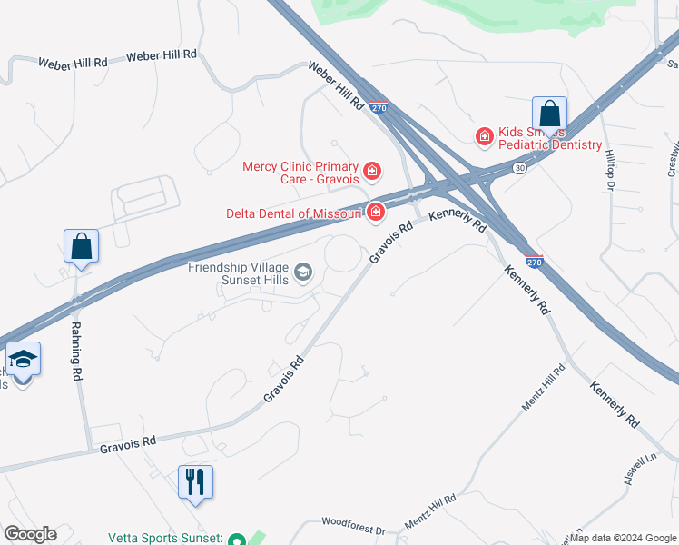 map of restaurants, bars, coffee shops, grocery stores, and more near 12501 Village Circle Drive in St. Louis
