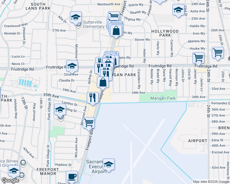 map of restaurants, bars, coffee shops, grocery stores, and more near 1920 34th Avenue in Sacramento