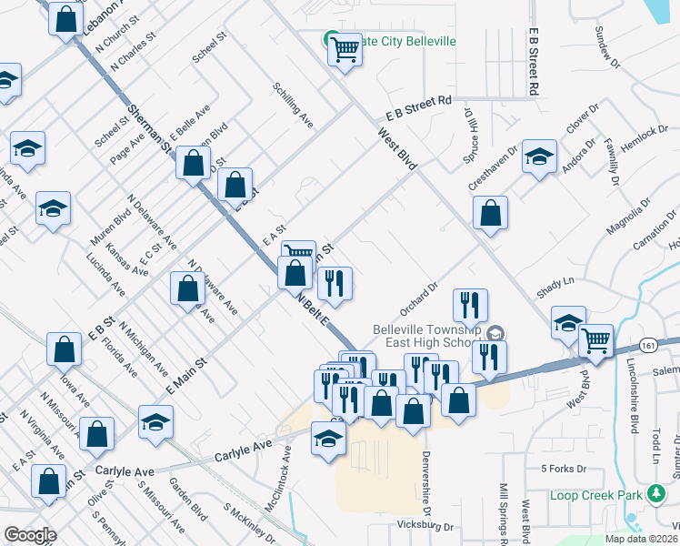 map of restaurants, bars, coffee shops, grocery stores, and more near 10 Spruce Drive in Belleville