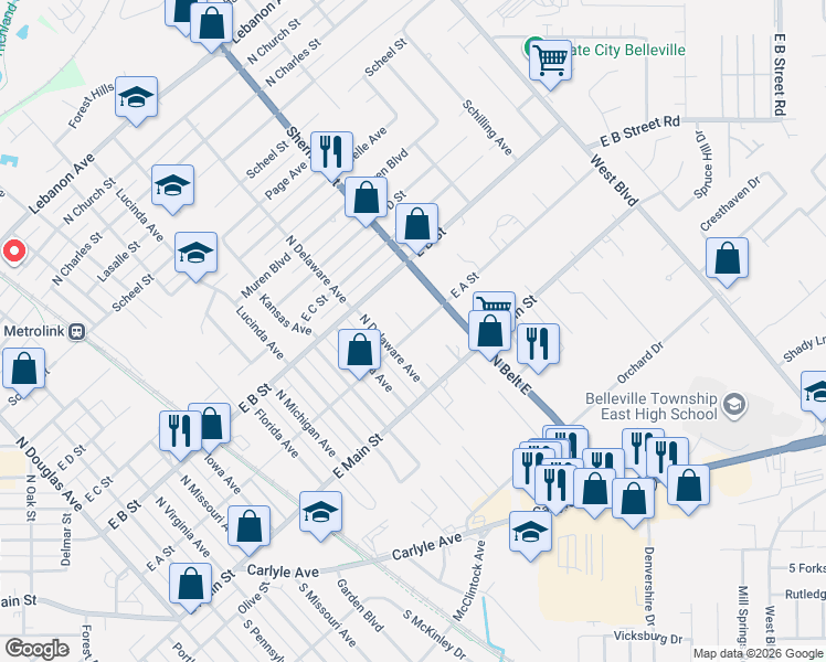 map of restaurants, bars, coffee shops, grocery stores, and more near 1810 East A Street in Belleville