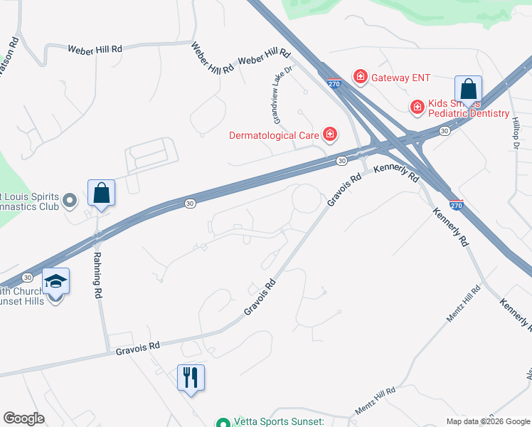 map of restaurants, bars, coffee shops, grocery stores, and more near 12604 Cottage Ridge Lane in St. Louis