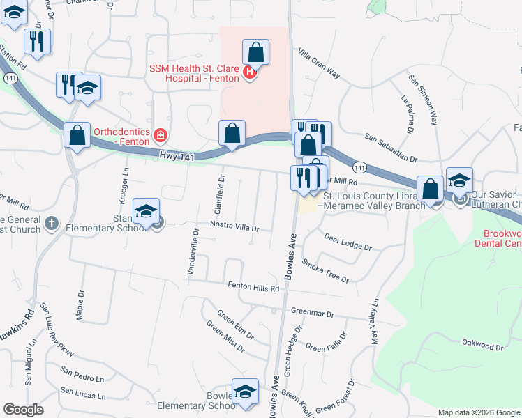 map of restaurants, bars, coffee shops, grocery stores, and more near 742 Wagon Ridge Drive in Fenton
