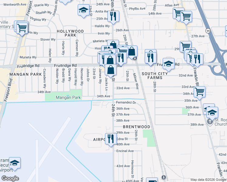 map of restaurants, bars, coffee shops, grocery stores, and more near 5688 24th Street in Sacramento
