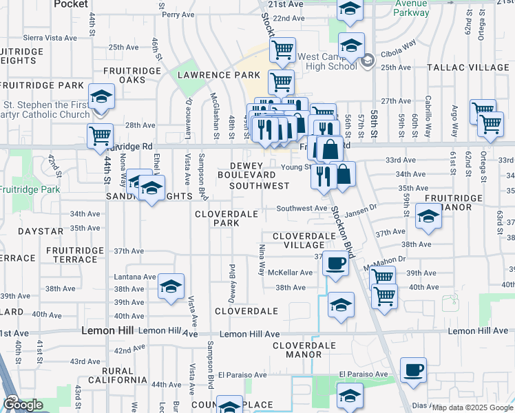 map of restaurants, bars, coffee shops, grocery stores, and more near 5108 Southwest Avenue in Sacramento