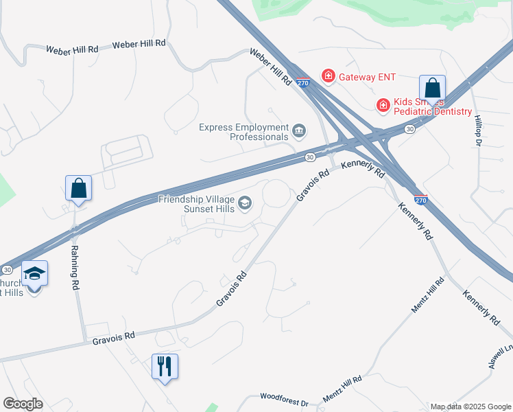 map of restaurants, bars, coffee shops, grocery stores, and more near 12501 Village Circle Drive in St. Louis