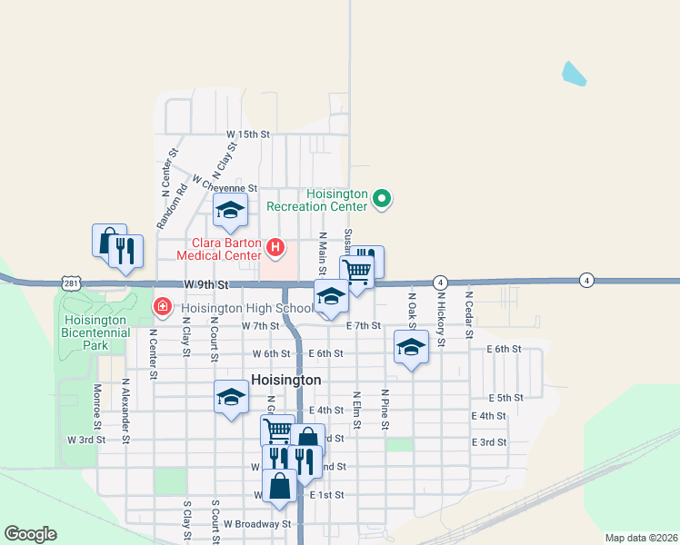map of restaurants, bars, coffee shops, grocery stores, and more near 201-299 East 9th Street in Hoisington