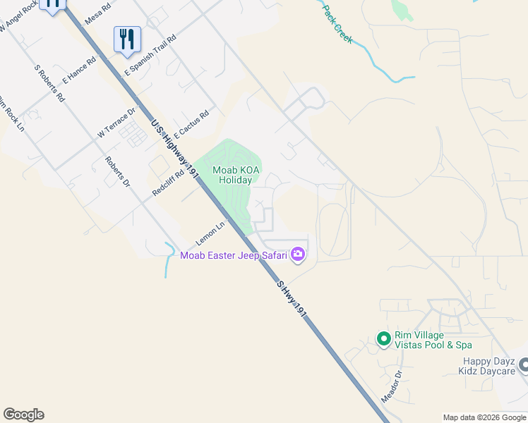 map of restaurants, bars, coffee shops, grocery stores, and more near 3354 South Village Loop in Moab