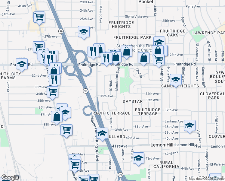 map of restaurants, bars, coffee shops, grocery stores, and more near 5753 39th Street in Sacramento
