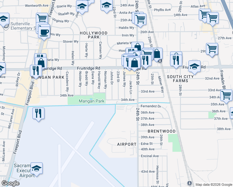 map of restaurants, bars, coffee shops, grocery stores, and more near 5689 Johns Drive in Sacramento