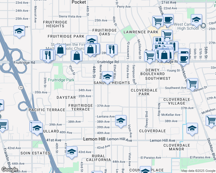 map of restaurants, bars, coffee shops, grocery stores, and more near 5717 Laurine Way in Sacramento