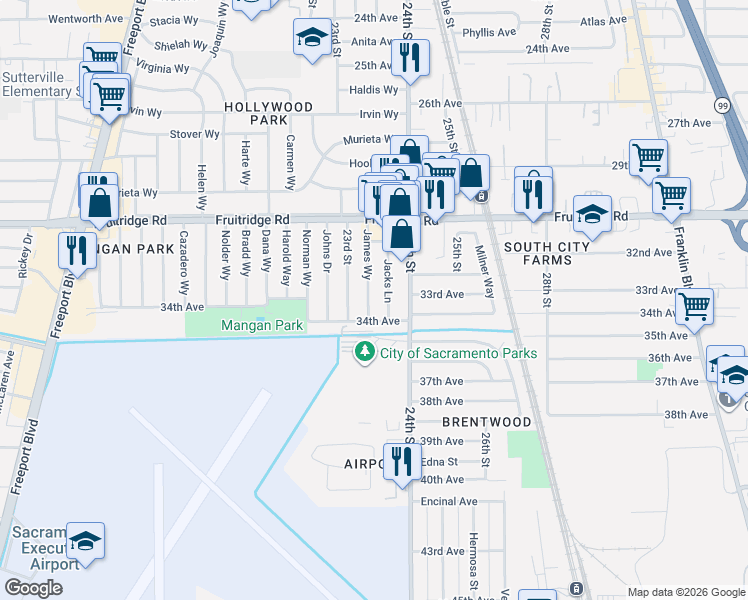 map of restaurants, bars, coffee shops, grocery stores, and more near 5688 James Way in Sacramento