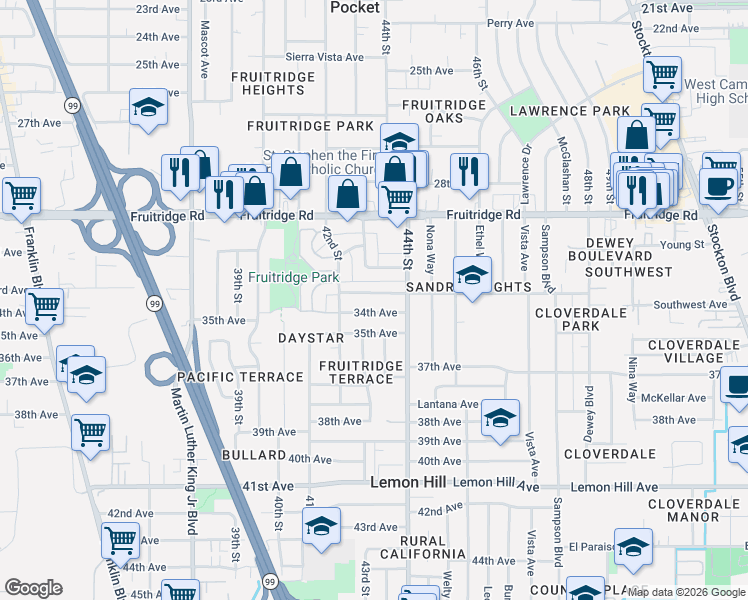 map of restaurants, bars, coffee shops, grocery stores, and more near 4312 34th Avenue in Sacramento